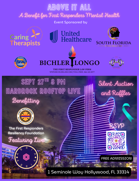 Save the date for Above It All! on September 27th at 8 pm on the Hardrock Rooftop. Sponsored by Bichler &amp; Longo, this free event supports the First Responders Resiliency Foundation with raffles, silent auctions, and live performance by Abria. #AboveItAll #Event #BichlerandLongo