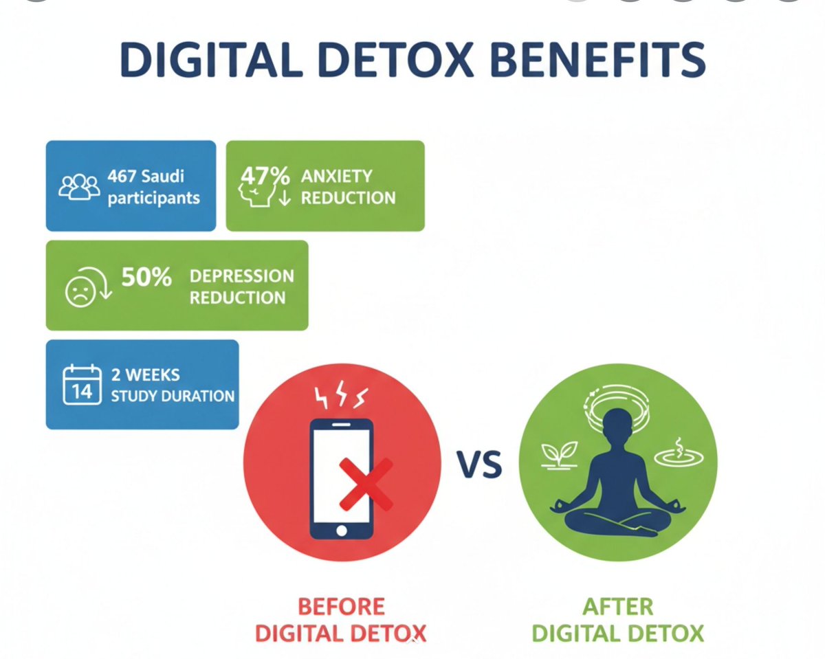 🧘 الديتوكس الرقمي: علاج طبيعي للقلق والاكتئاب

📊 دراسة سعودية على 467 شخص أثبتت:

😰 القلق انخفض من 12.5 إلى 6.6 نقطة (47% تحسن)

😔 الاكتئاب تراجع من 13.7 إلى 6.9 نقطة (50% تحسن)

⏰ خلال أسبوعين فقط من تقليل استخدام الأجهزة!

💡 ابدأ بساعة واحدة يومياً بدون هاتف