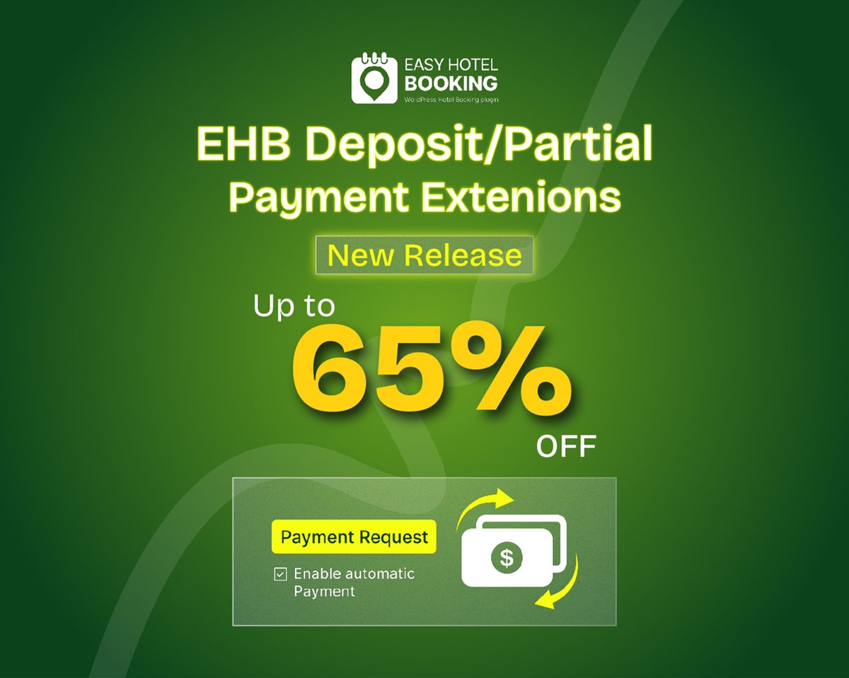 ReactTheme's tweet image. 🚀 New: EHB Deposits add-on
Guests book with a deposit 💳, not full payment.
✅ Flexible % or fixed deposit
✅ Auto-balance tracking + email reminders
✅ Clear booking details for guests
🎉 Boost bookings + guest trust – save 60% today!
#HotelBooking #HospitalityManagement