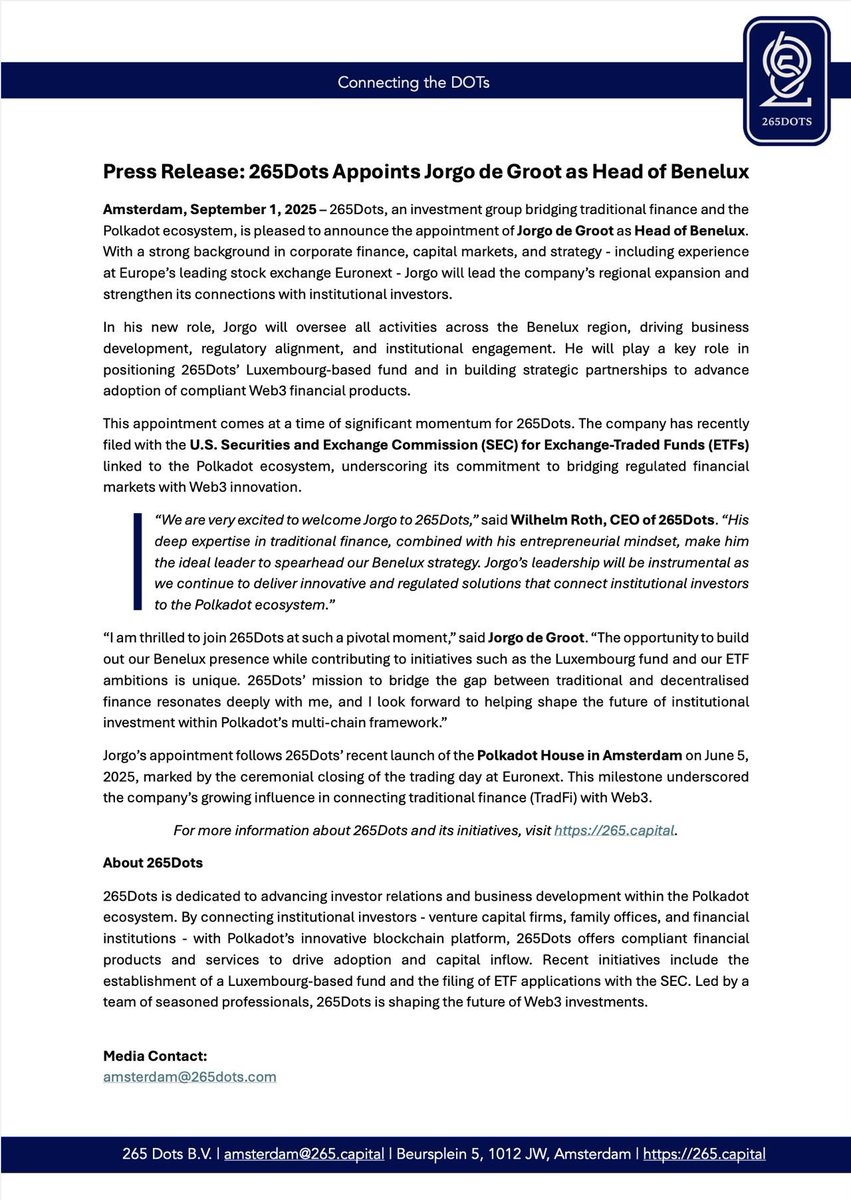 265Dots welcomes Jorgo de Groot as Director Benelux.

265Dots is pleased to announce that Jorgo de Groot has joined as Head of Benelux. Jorgo will lead our activities in the region, focusing on strengthening institutional relationships and supporting initiatives such as our