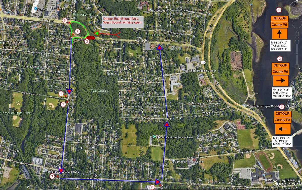 RI_Barrington's tweet photo. As part of a major road reconstruction project, the RIDOT will implement a daytime detour for eastbound traffic on a section of County Rd. in Barrington in the vicinity of Washington Rd., beginning Thursday, Sept. 18th, M-F, 8:30 AM - 2:30 PM, See details: https://t.co/AIr5VUVeQ8 https://t.co/X5oplHmMdu