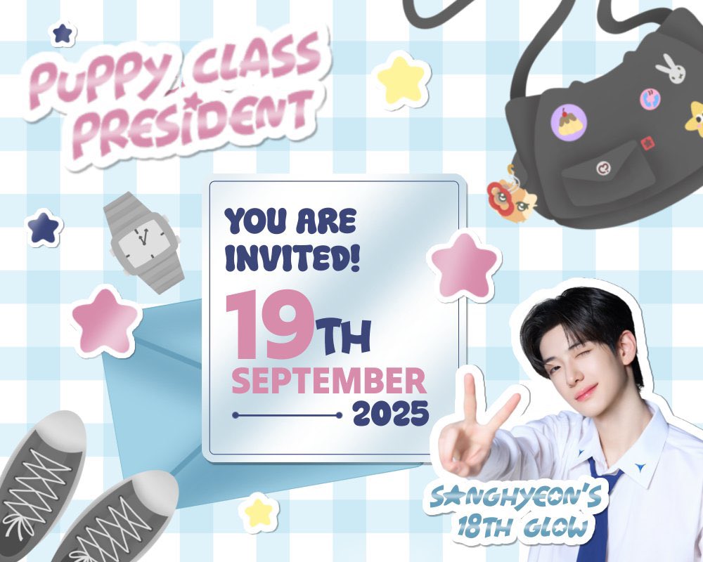 Today’s roll-call highlights 𝗣𝘂𝗽𝗽𝘆 𝗖𝗹𝗮𝘀𝘀 𝗣𝗿𝗲𝘀𝗶𝗱𝗲𝗻𝘁: 𝗦𝗮𝗻𝗴𝗵𝘆𝗲𝗼𝗻’𝘀 𝟭𝟴𝘁𝗵 𝗚𝗹𝗼𝘄. 🐶 The board shines with soft giggles echo through the hall. Come join this schoolday of warmth, where every corner carries a spark written for Sanghyeon. 👔