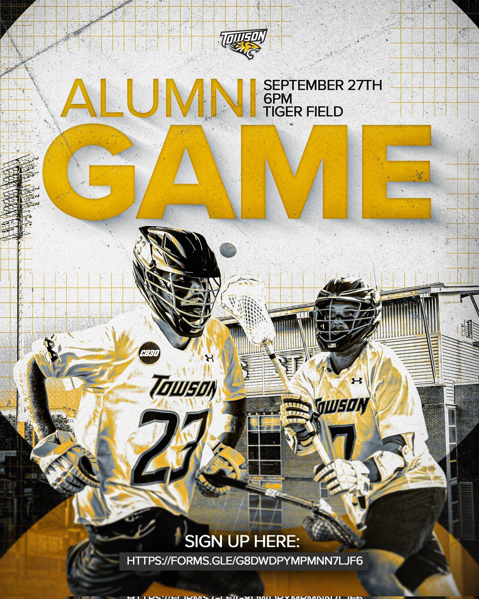 Towson_MLAX's tweet image. 📢 CALLING ALL ALUMNI! Sign up for the alumni game on Sept. 27 at 6 pm!
💻 - forms.gle/G8DWDpYMPmNn7L…
#GohTigers