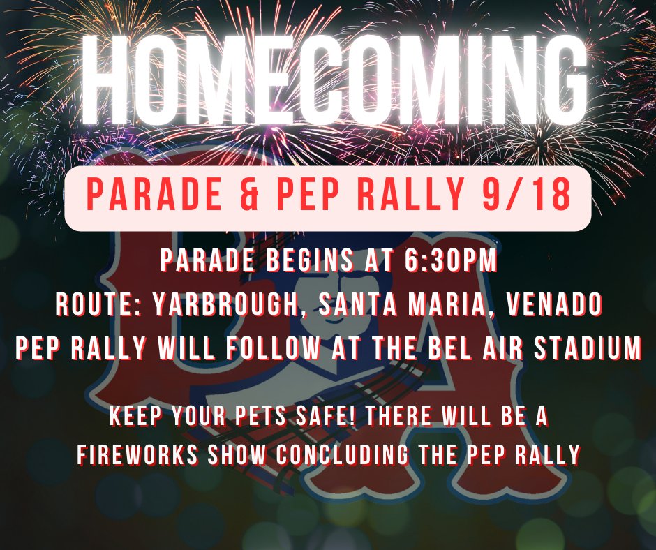 BIG RED'S Homecoming parade, Thursday, Sept 19th at 6:30pm. A pep rally and fireworks show will take place at Bel Air Stadium.  If you live nearby, please secure your pets.  Loud fireworks can scare them. See you there Highlanders!!! #BigRedPride #LoyalForever #THEDISTRICT