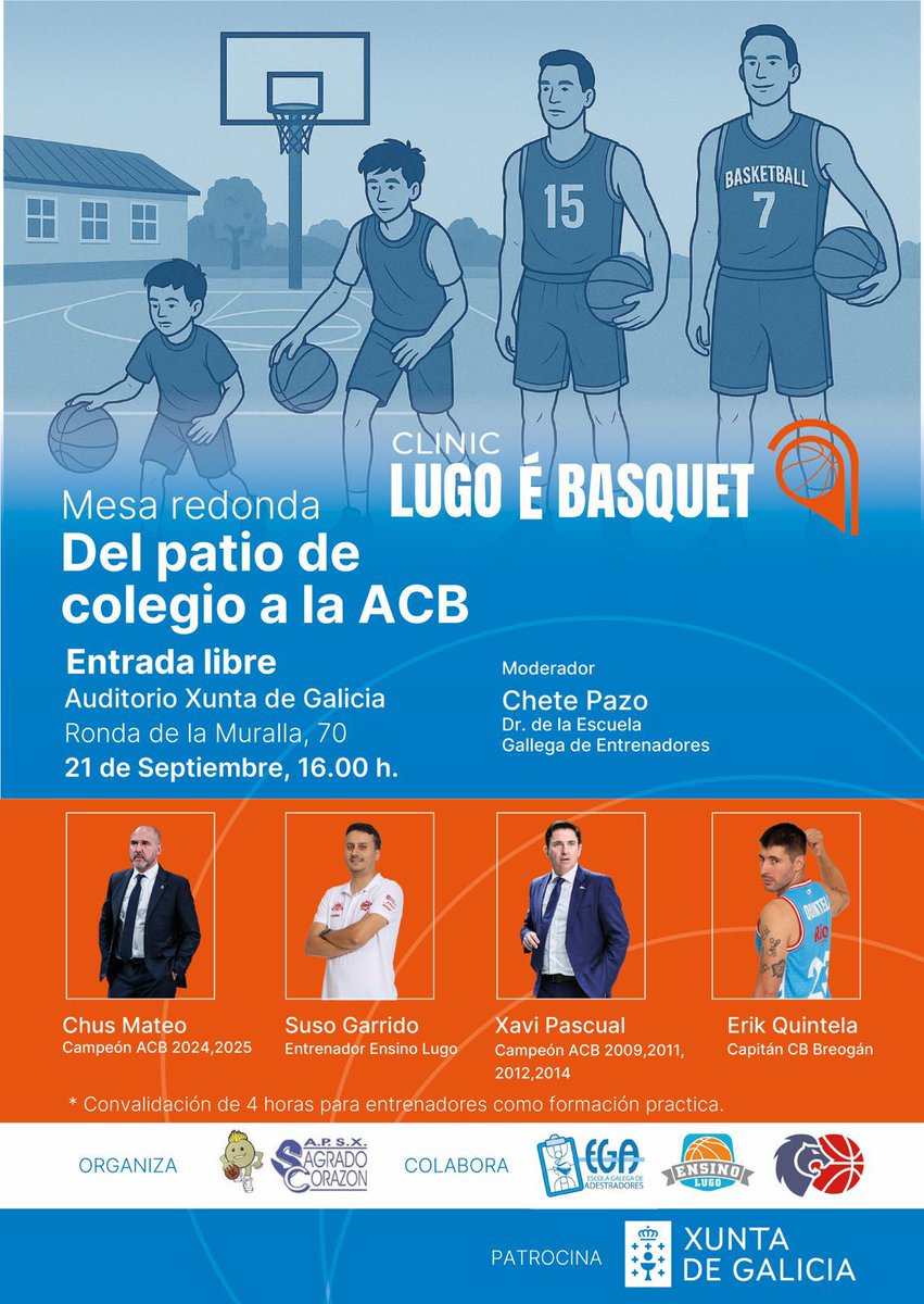 16:00 - Mesa redonda "Del patio del colegio a la ACB"
ENTRADA LIBRE 
Modera Chete Pazo
Interveñen <a href="/MateoChus/">Chus Mateo</a>, Xavi Pascual, <a href="/SusoBailon/">Suso Garrido Bailón</a> e <a href="/ErikQuintela/">Erik Quintela</a>