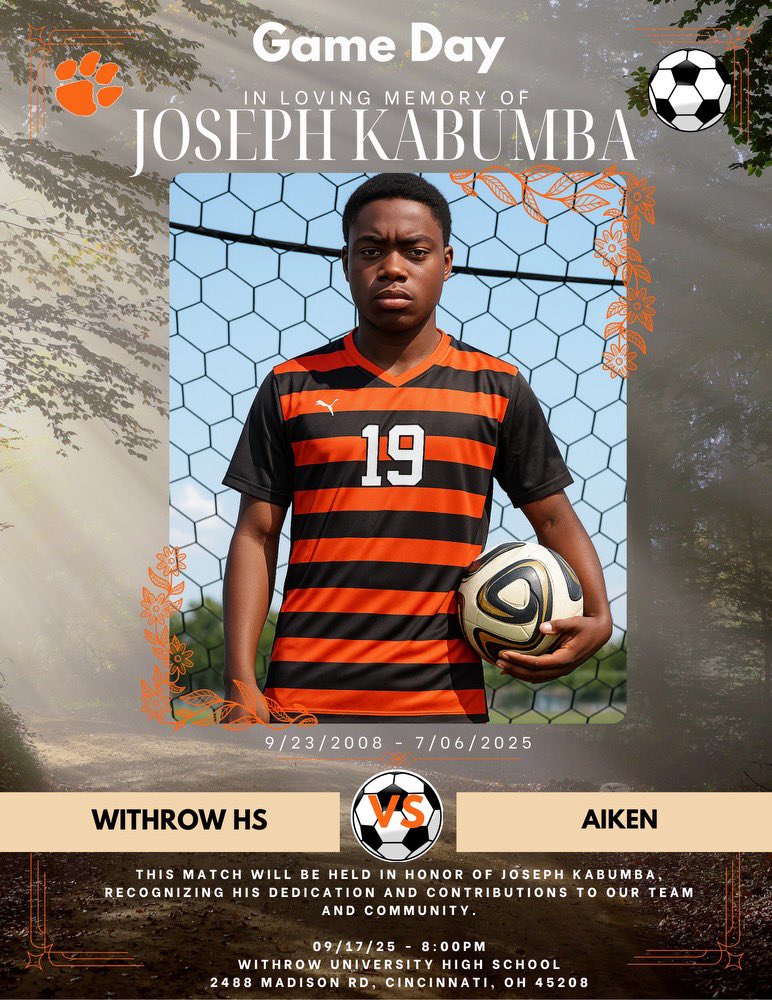 GAMEDAY
Withrow Tigers vs Aiken <a href="/AikenFalcons/">Aiken Athletics</a> 
🏆 <a href="/cmac_sports/">Cincinnati Metro Athletic Conference</a> 
📍 Withrow HS
🕖 Varsity – 8:00 PM

Tonight’s game will be played in tribute to Joseph Kumamba. Join us as we honor his memory before kickoff.

#WithrowSoccer #TigerPride #CMAC