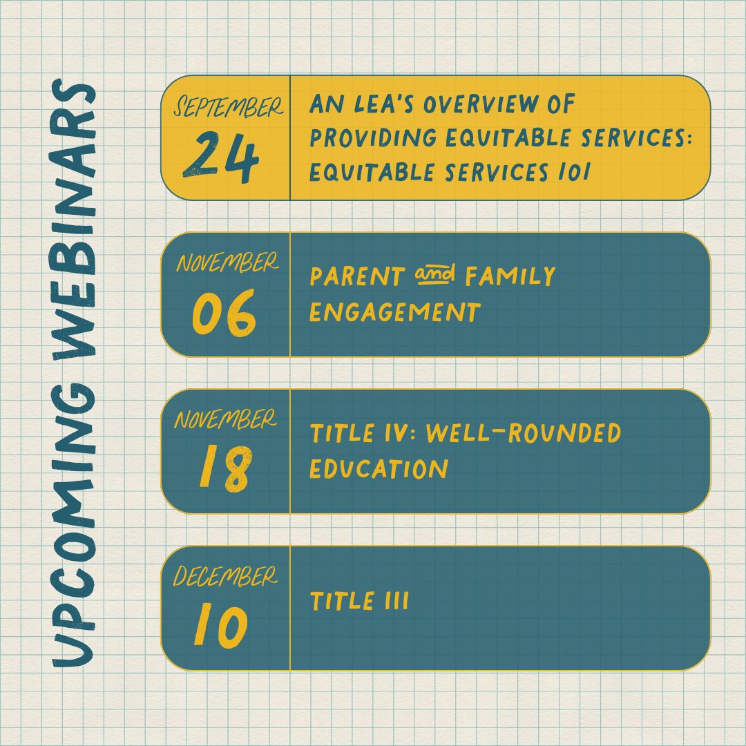 ESEA_network's tweet photo. ONE WEEK LEFT! Join our ESEA Network webinar Sept 24: "Equitable Services 101" with experts LaNetra Guess (@TEAinfo) &amp; Daphne Flentroy (@doelouisiana). Perfect for LEA leaders ready to strengthen equitable services!
Register: https://t.co/O1pYDahovp
#EdLeadership https://t.co/YHW2hlymbl