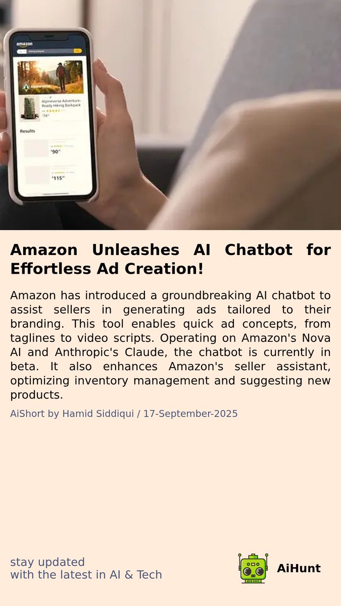 aihuntapp's tweet image. 🚀 Big changes are coming for Amazon sellers! A revolutionary AI tool is about to transform how ads are created and managed. What could this mean for your business strategies? Stay tuned for the full story! 🛒💡 #AmazonAI #InnovationInAds