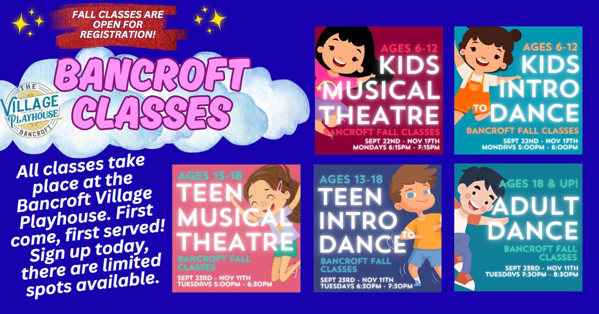 Classes start next week in both Tweed and Bancroft! We have something for everyone, ages 4 to 18+! Check out all our classes below:

At the MAC: marbleartscentre.ca/young-co#qxCINr
At the BVP: villageplayhouse.ca/young-co#tvLTFr