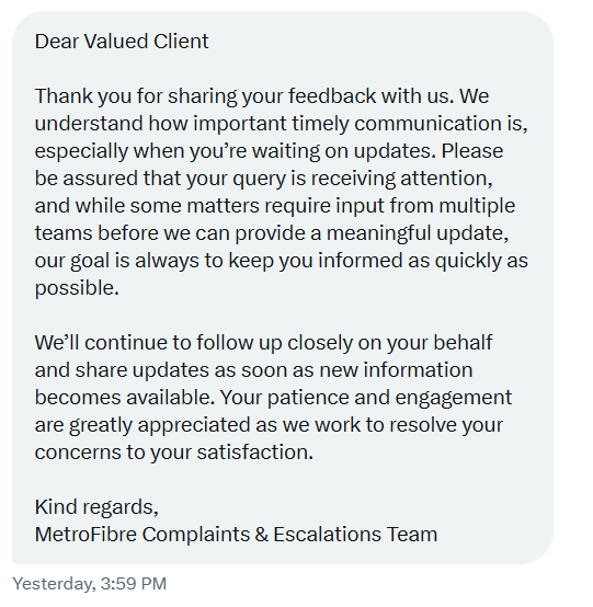 quasiserious's tweet photo. Needless to say @Metro_Fibre did not keep my updated as promised. Am I going to get a refund for 6 days we did not have internet? Thanks for finally sorting it out today... https://t.co/5AaKe846ka