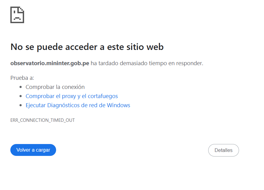#ATENCIÓN 🇵🇪
NO hay acceso al Observatorio Nacional de Seguridad Ciudadana, NO hay visibilidad de los principales indicadores e incidencias de criminalidad en el Perú (extorsión, homicidios, hurtos, robos, estafas, etc.) así como la situación de la producción policial en cuanto a