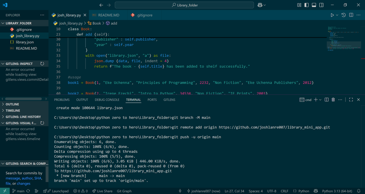 Joshlanre_007's tweet photo. Day 20/100: Today’s #100DaysOfCode:I pushed my mini-library Python app to GitHub
#Python #GitHub #OOP #BeginnerProjects #100DaysOfCode https://t.co/zdKn035r1F