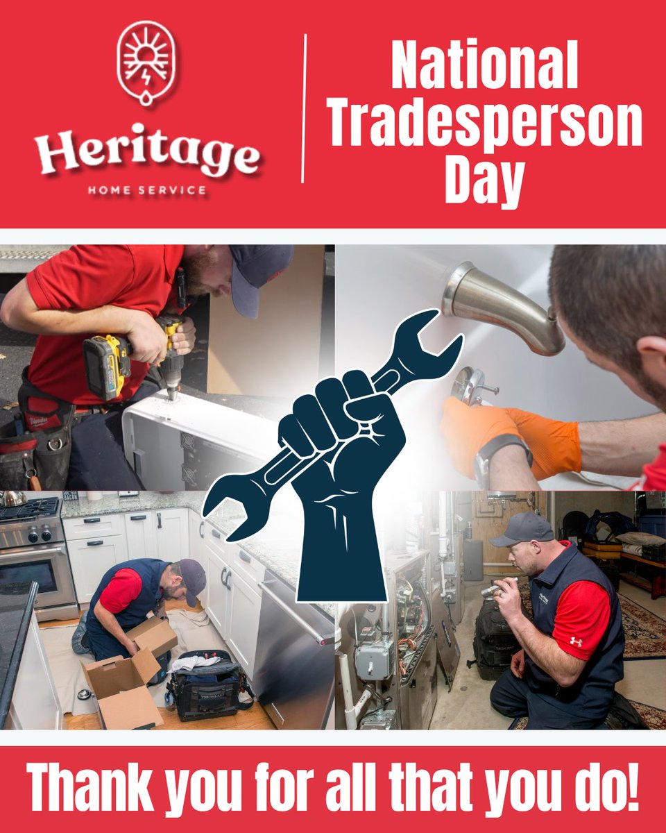 To the women and men in the field who get it done—today is for you!

Extra shoutout to our Heritage HVAC, plumbing, and electrical crews for the craftsmanship and care they put in everyday!

#NationalTradespersonDay #Tradespeople #WomenInTrades #HVAC #Plumbing #Electrical