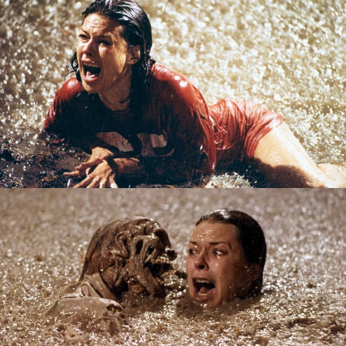 creepydotorg's tweet photo. In “Poltergeist” (1982), real human skeletons were used as props without the actors' knowledge. The prop master sourced them from a medical supply company, as it was cheaper than making replicas.  

JoBeth Williams, who played Diane, spent five days filming scenes with these skeletons in a mud-filled pool, unaware they were real.
