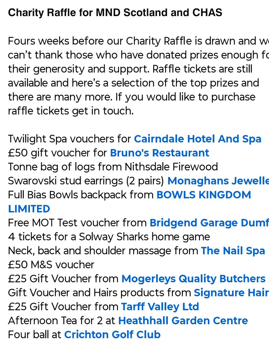𝗖𝗵𝗮𝗿𝗶𝘁𝘆 𝗥𝗮𝗳𝗳𝗹𝗲
Please message the page or contact any member to purchase tickets. Supporting two great charities <a href="/MNDScotland/">MND Scotland</a> and CHAS (Children's hospices across Scotland) 💙🧡