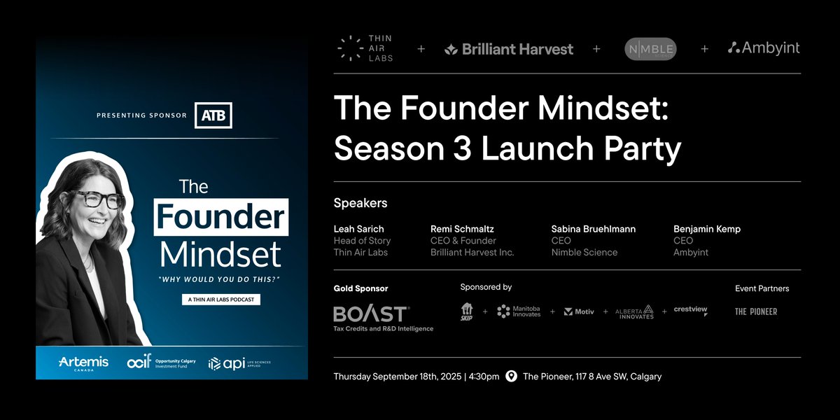 ✨TOMORROW ✨
Are you joining us at Tech Thursday?
We're celebrating the launch of Season 3 of The Founder Mindset #podcast w.
🔹Remi Schmaltz, Brilliant Harvest Inc.
🔹Sabina Bruehlmann, Nimble Science
🔹Benjamin Kemp, Ambyint
Only a few tickets left 👉 hubs.li/Q03JMSVp0