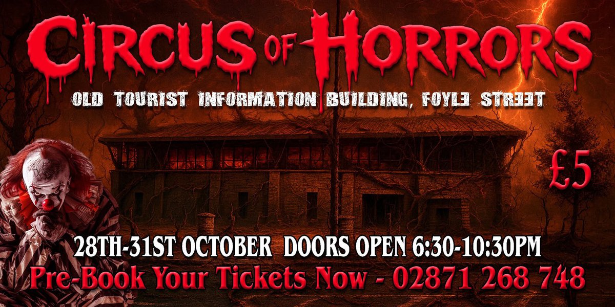 𝗖𝗜𝗥𝗖𝗨𝗦 𝗢𝗙 𝗛𝗢𝗥𝗥𝗢𝗥𝗦

We are now accepting bookings you can pm our page on contact our office. 02871268748

For any youth groups we have a dedicated night for them on Monday 27th October.
#derryhalloween