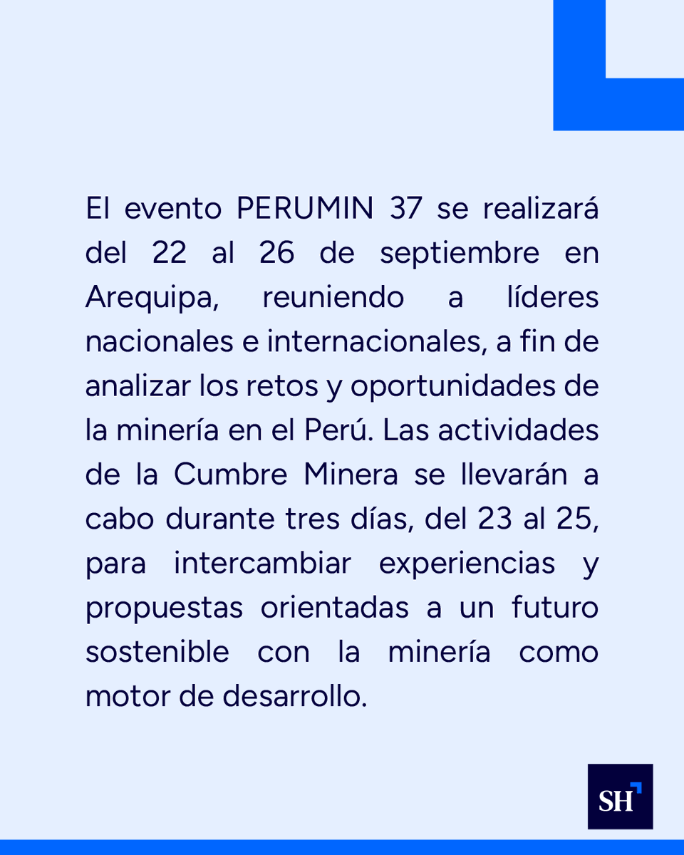 StakeholdersRS's tweet image. ✨ PERUMIN se realizará del 22 al 26 de septiembre en Arequipa, reuniendo a líderes nacionales e internacionales para debatir los retos y oportunidades de la minería. 

#PERUMIN37 #MineríaSostenible #CumbreMinera #InnovaciónMinera #Arequipa
