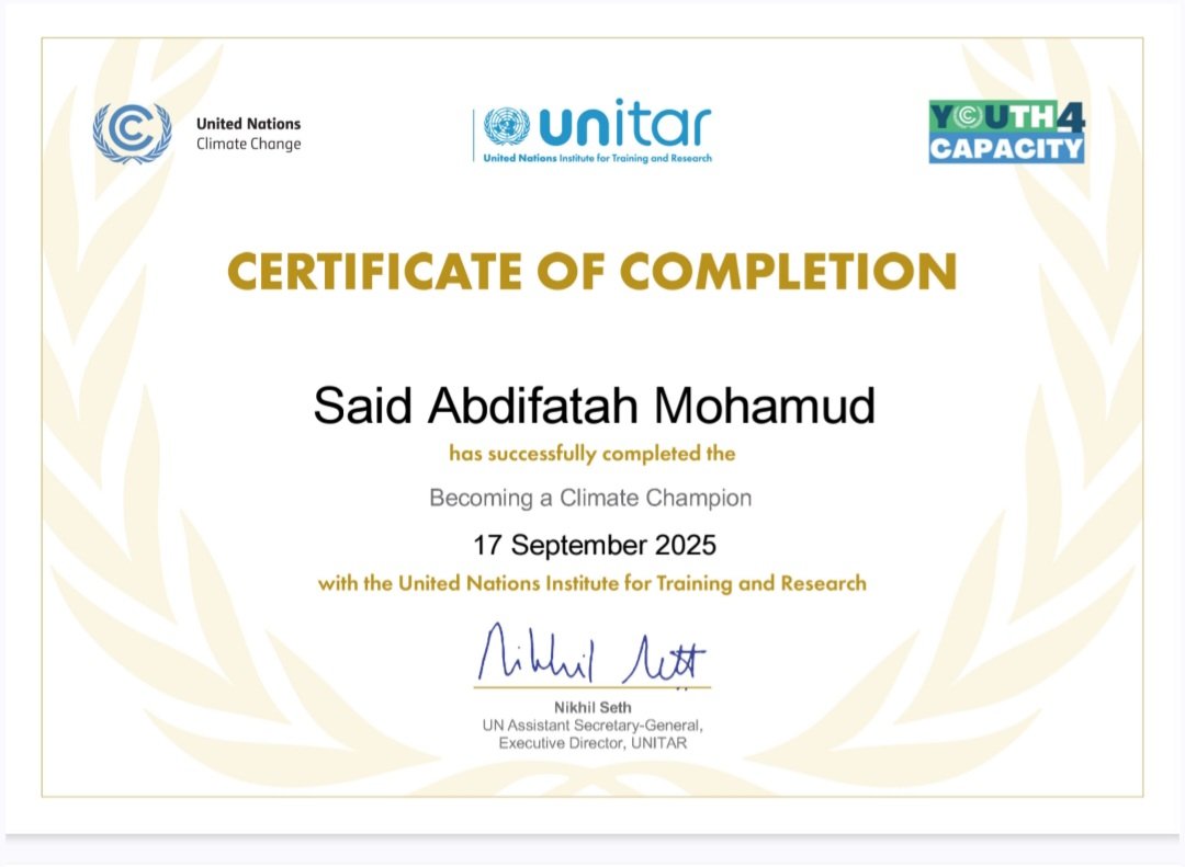 saaidabdifitah's tweet photo. Proud to complete the “Becoming a Climate Champion” e-course!

Learned key skills in: Leadership, Project Management, Resource Mobilization, Inclusivity &amp; Communications.

Grateful to UN CC:Learn &amp; UNITAR for empowering youth climate action. 🌱💡

#ClimateAction #Youth4Climate https://t.co/gvhg94KBzc