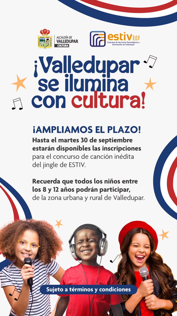 ¡AMPLIAMOS EL PLAZO!
Hasta el 30 de septiembre estarán disponibles las inscripciones de este gran concurso.
Recuerda que todos los niños entre los 8 y 12 años podrán participar, de la zona urbana y rural de Valledupar.