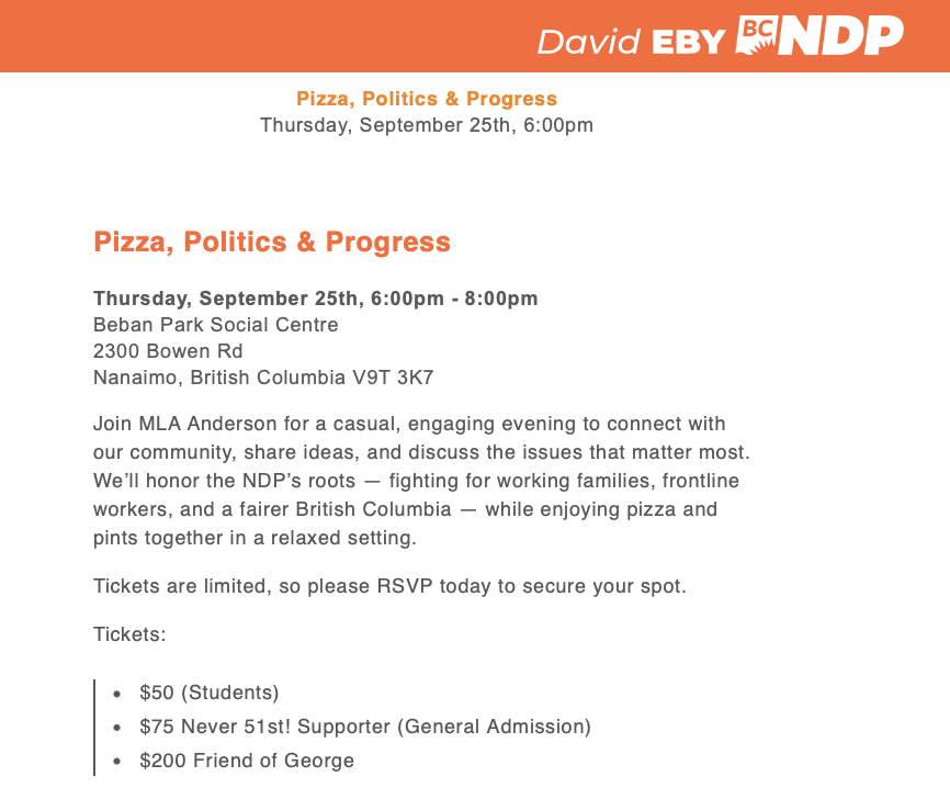 bobmackin's tweet photo. Rookie MLA George Anderson's pizza and pints #cashforaccess fundraiser includes a $75 "Never 51st" admission category. #bcpoli https://t.co/zeQOyDQToj