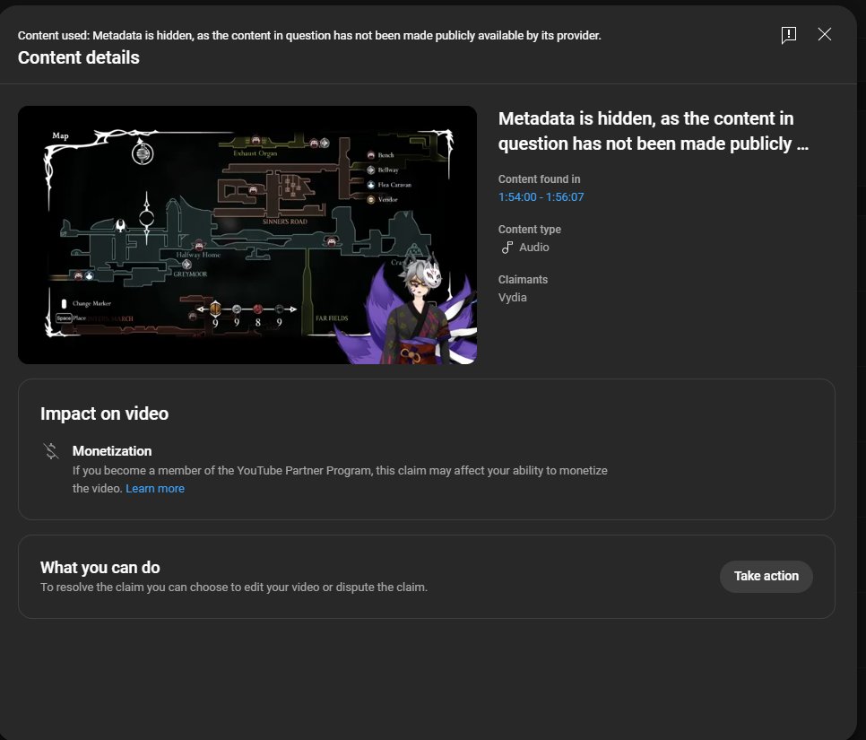 ChthonicCelest's tweet photo. @TeamCherryGames there is a organization that keeps copyright claiming Content Creators on youtube for having Silksongs music playing in the background OF THE GAME. Please take this up to youtube. This company making the claims is blatantly misusing copyright claims. https://t.co/wkRgSe9hDP