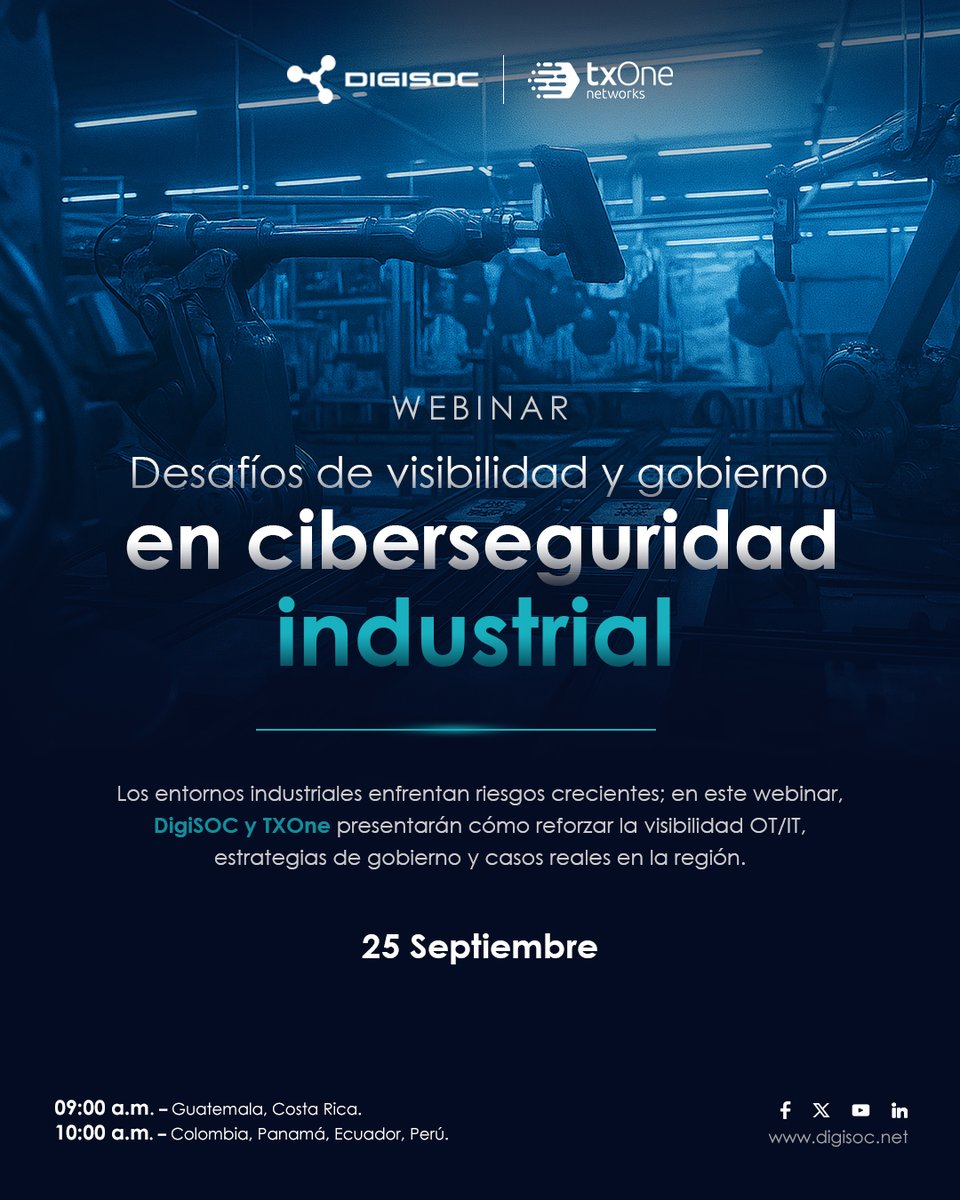 digisoc_mdr's tweet image. #Webinar | Desafíos de visibilidad y gobierno en ciberseguridad industrial
Junto a @TXOneNetworks aprenderá a:
✅ Reforzar visibilidad OT/IT.
✅ Estrategias de gobierno.
✅ Casos reales en la región.
📅 25-09
👉 Regístrese: eventosmarketing.digisoc.net/webinar-tx-one…