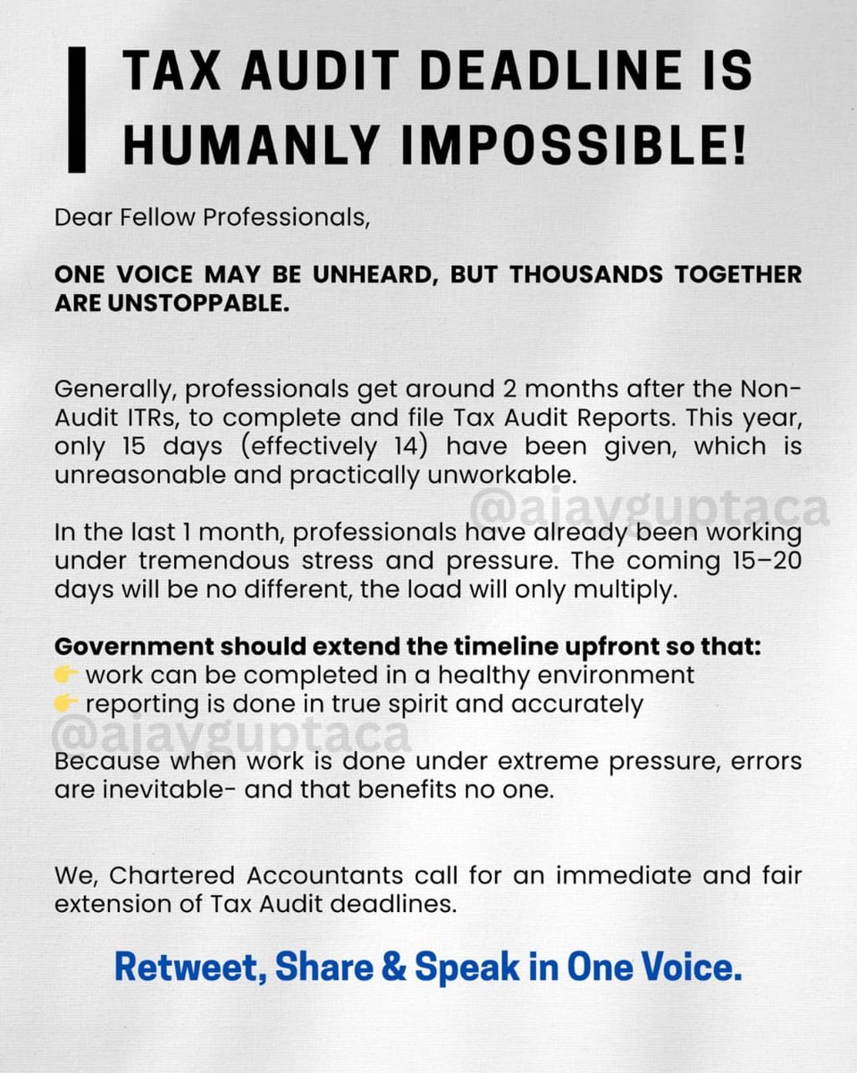 dosht888's tweet image. Extend Audit due date &amp;amp; ITR date to complete work in professional way. Required at earliest not before 10 min to 12am on 30th Sep. @FinMinIndia @nsitharaman @nsitharamanoffc @PMOIndia @theicai @IncomeTaxIndia #Extend_Due_Date_Immediately #incometaxduedate #Extend_TAR_DueDate