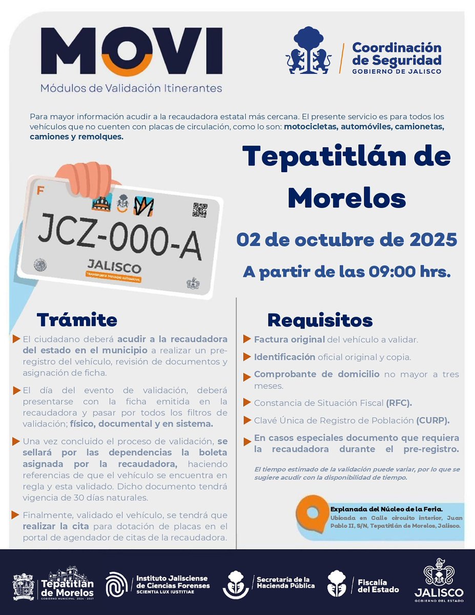 GobiernoTepa's tweet image. 📣 El próximo jueves 2 de octubre de 2025 llegará el Módulo de Validación Itinerante (#MOVI) a nuestro municipio, desde las 9:00 a.m.

📍 Ubicación: Explanada del Núcleo de la Feria.

ℹ️ Consulta requisitos y realiza tu pre-registro en la recaudadora estatal más cercana.