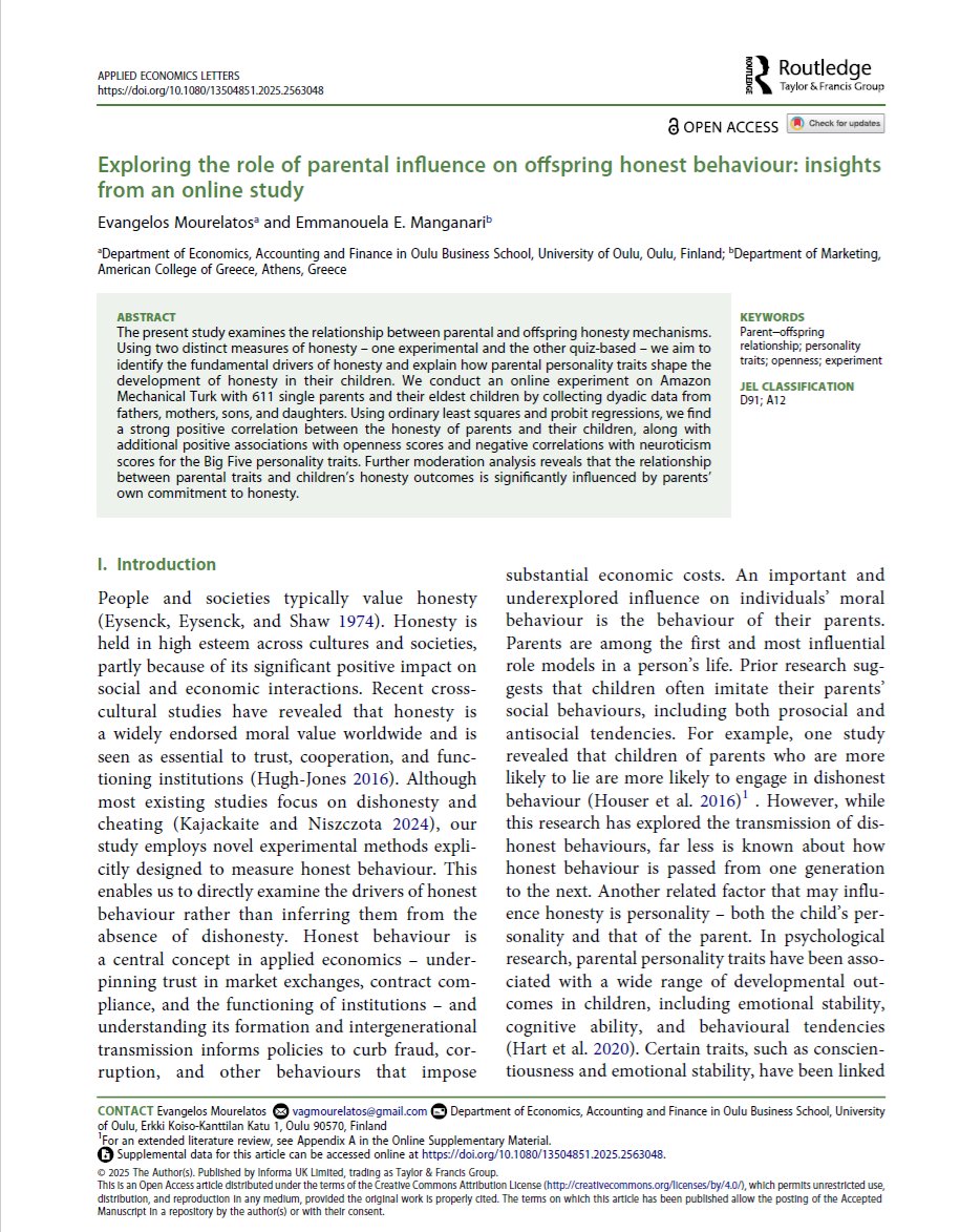 📢 Excited to share that my new paper entitled “Exploring the role of parental influence on offspring honest behaviour: insights from an online study” with E. Manganari, just published in Applied Economics Letters!
Link: tandfonline.com/doi/full/10.10…
 #econtwitter