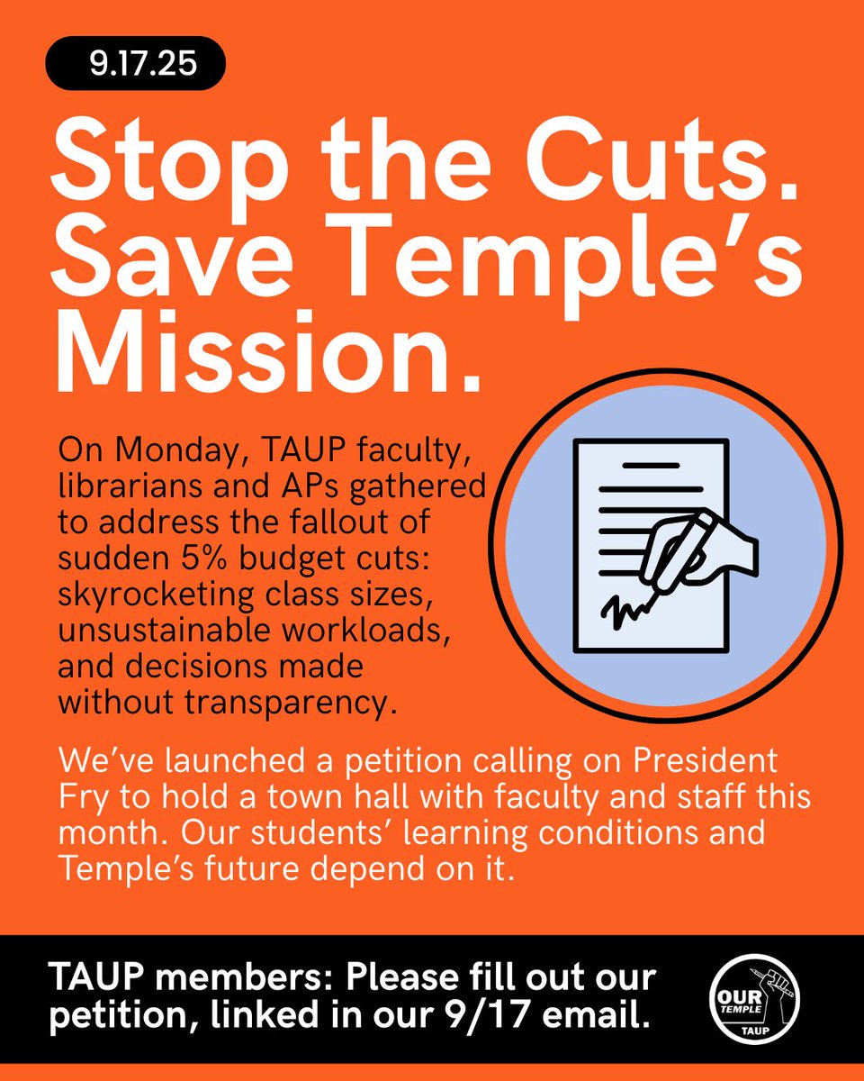 📢 Stop the Cuts. Save Temple’s Mission. 
On Monday, TAUP faculty, librarians and APs gathered to address the fallout of sudden 5% budget cuts
TAUP members: Please fill out our petition, linked in our 9/17 email.