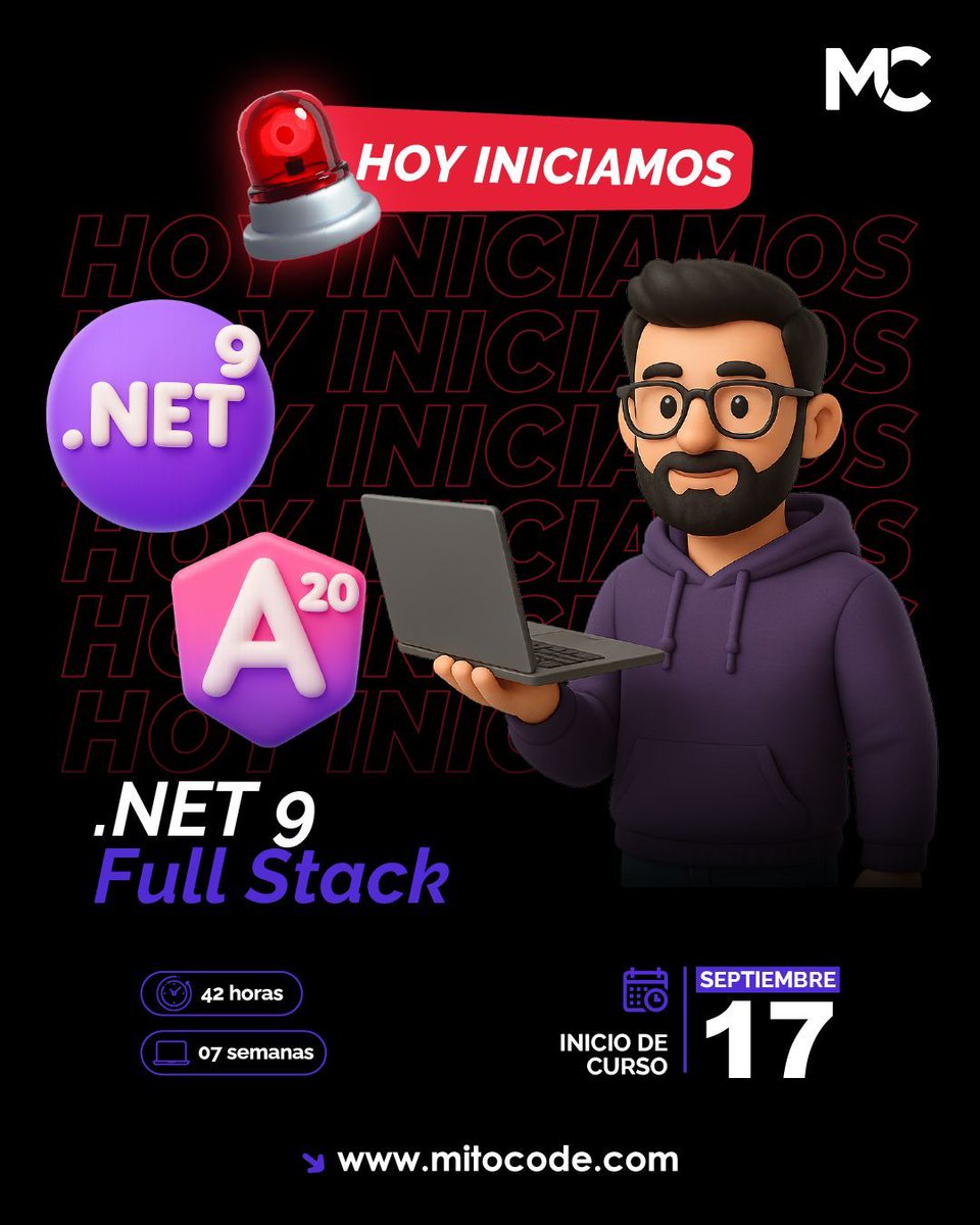 mitocode's tweet image. 🚨 HOY INICIAMOS 🚨

¡Hey Coder! 🙋🏻♀️🙋🏻♂️. Conviértete en el perfil Full Stack que las empresas solicitan aprendiendo .NET 9 y Angular 20 👨🏻💻👩🏻💻

🚨 ÚLTIMOS DÍAS DE INSCRIPCIÓN: .NET 9 Full Stack
📆 Inicio: 17 de Septiembre
📲 buff.ly/CiEDSnV
.
#mitocode #programacion