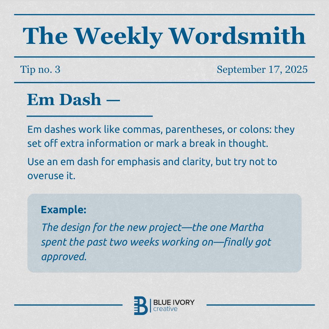 BIvoryCreative's tweet image. Commas are nice. Parentheses are fine. But sometimes you need a little drama — enter the em dash. With the rise of AI, they’re getting more attention that ever these days. For the record, we’re #TeamEmDash 

#grammar #weeklywordsmith #copywriting #editing