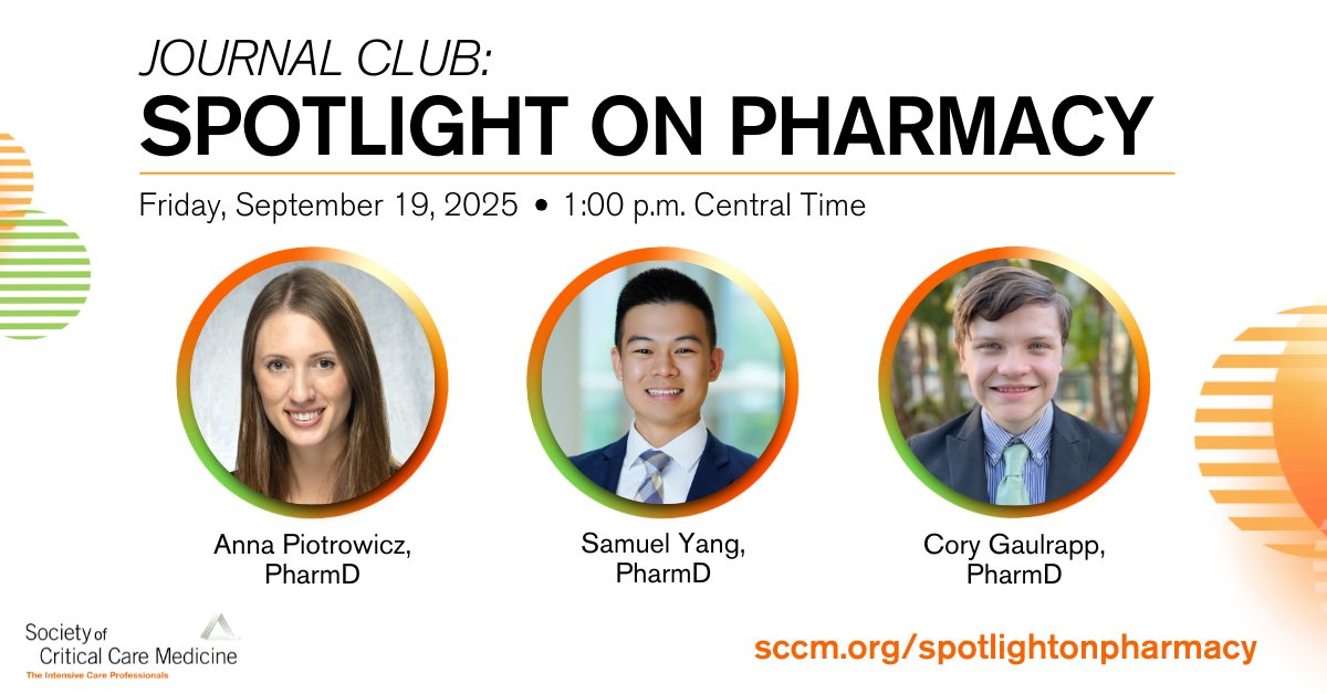 SCCM's tweet image. Don&apos;t miss this Friday&apos;s Spotlight on Pharmacy webcast featuring topics on #sepsis, cardiac surgery, and stroke. Register now: sccm.org/spotlightonpha…
#pharmicu #sccmcppjc #SCCM