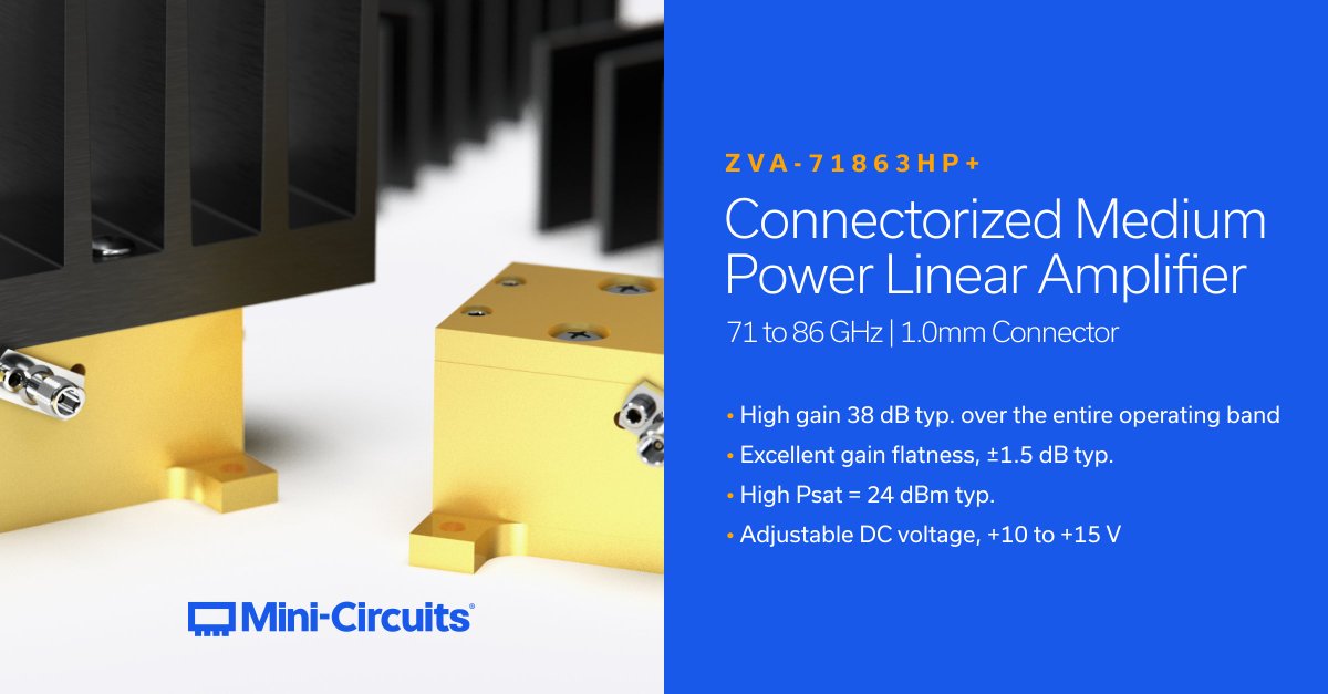 MiniCircuits's tweet image. Mini-Circuits’ ZVA-71863HP+ is a coaxial, medium power amplifier operating from 71 to 86 GHz, ideal for applications including automotive tests, radar and sensing, SATCOM and more.
hubs.ly/Q03JB60f0
#rf #engineering #technology