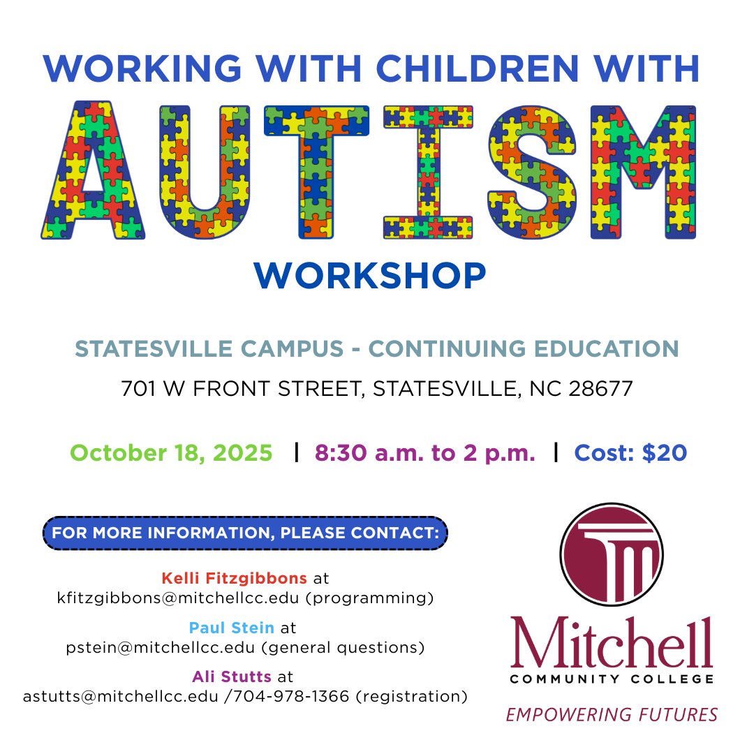 Step into their world. Learn. Support. Empower. 🧩 Join Mitchell's Early Childhood Education program for a hands-on workshop on #autism awareness and education on October 18. Register at: tinyurl.com/MCCAutisimWork…
