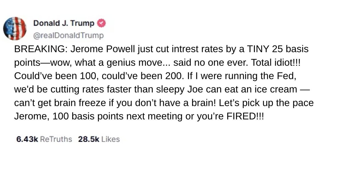 Posted to Truth Social just now:
