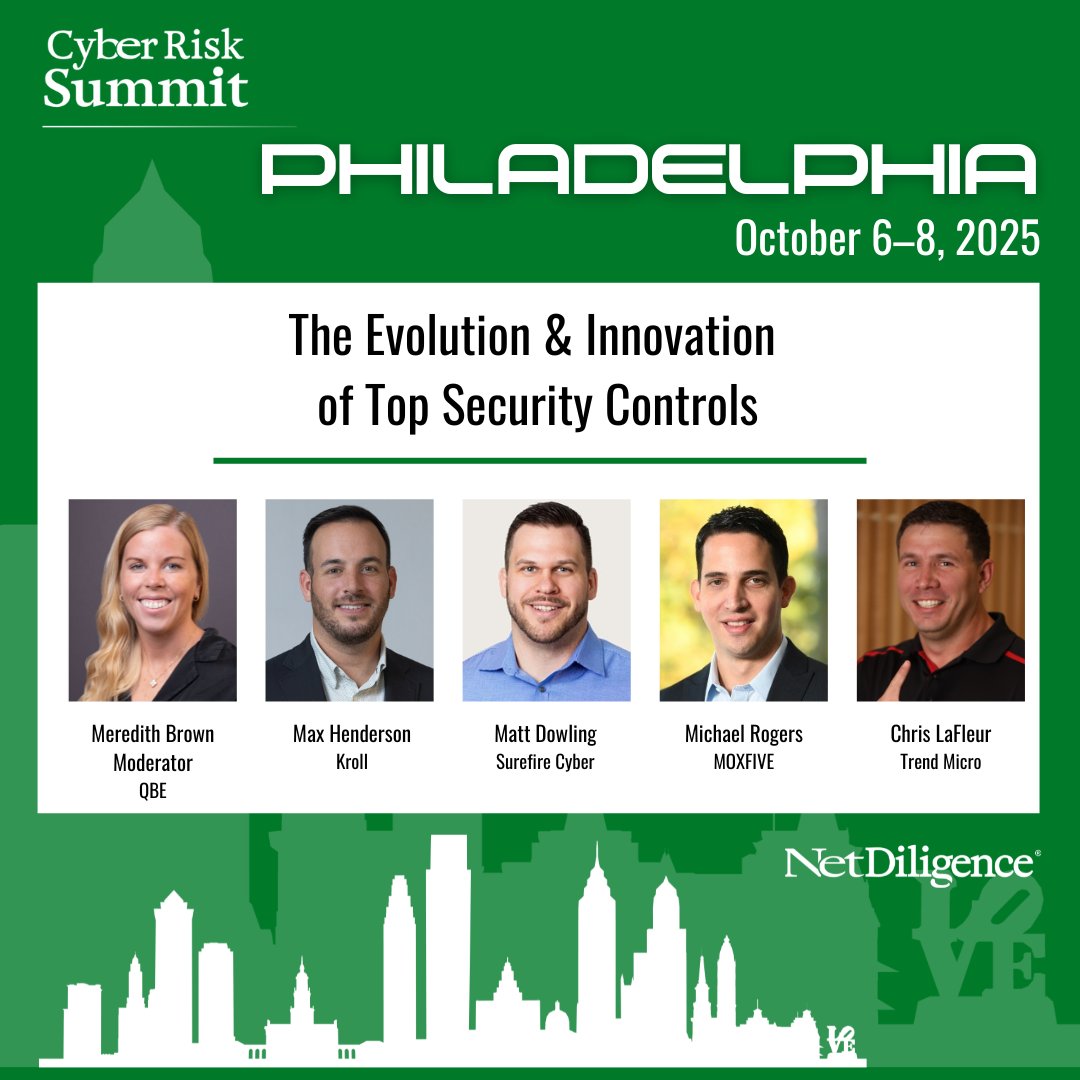 NetDiligence's tweet image. The threat landscape is changing. Are your #SecurityControls keeping up? Join our panel at the #NetDiligence Cyber Risk Summit Philly to discuss The Evolution &amp;amp; Innovation of Top Security Controls.

Don&apos;t delay, register today! hubs.la/Q03H_bWb0