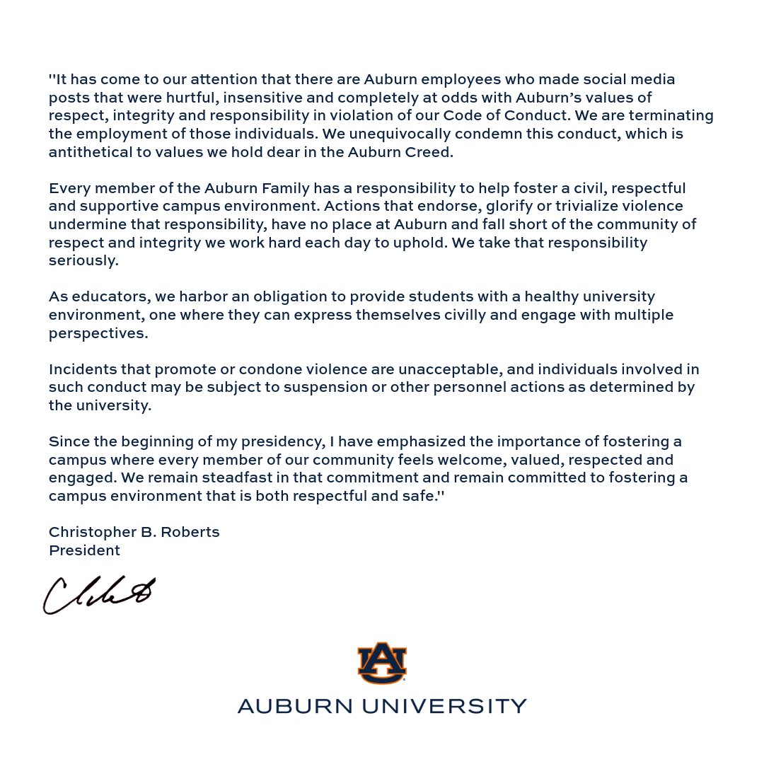 AuburnU's tweet image. A message from Auburn University President Christopher B. Roberts