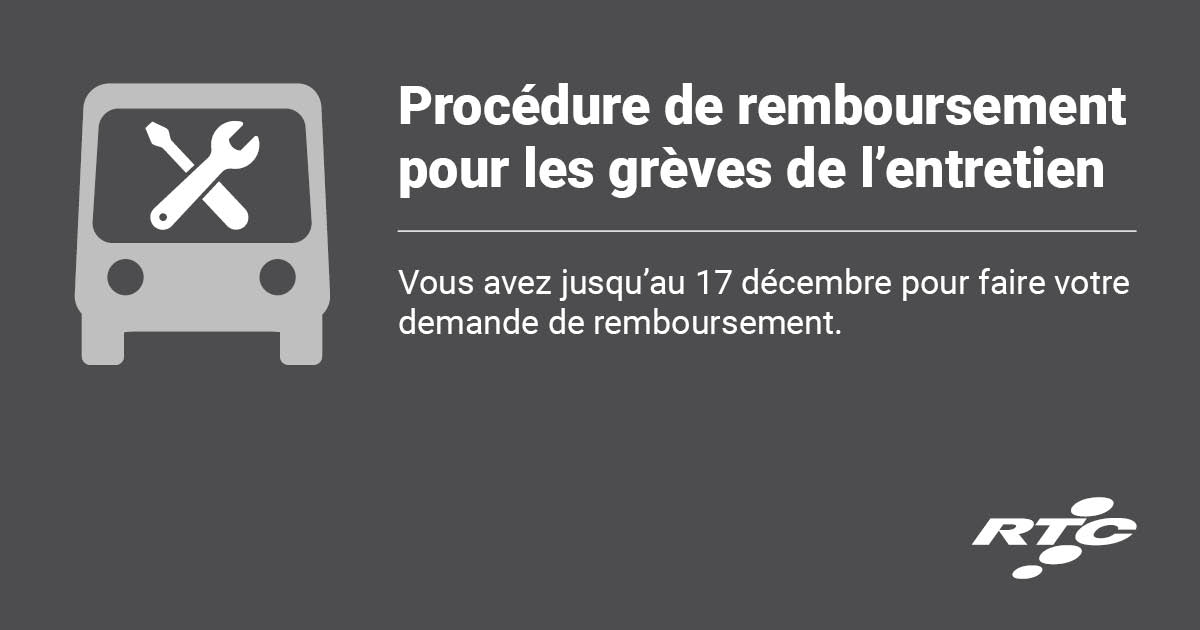 Une procédure est mise en place pour rembourser les titres de transport en lien avec les grèves du personnel de l’entretien qui ont eu lieu les 22-23 mai, du 4 au 13 juillet et le 5 septembre 2025. rtcquebec.ca/medias/nouvell…