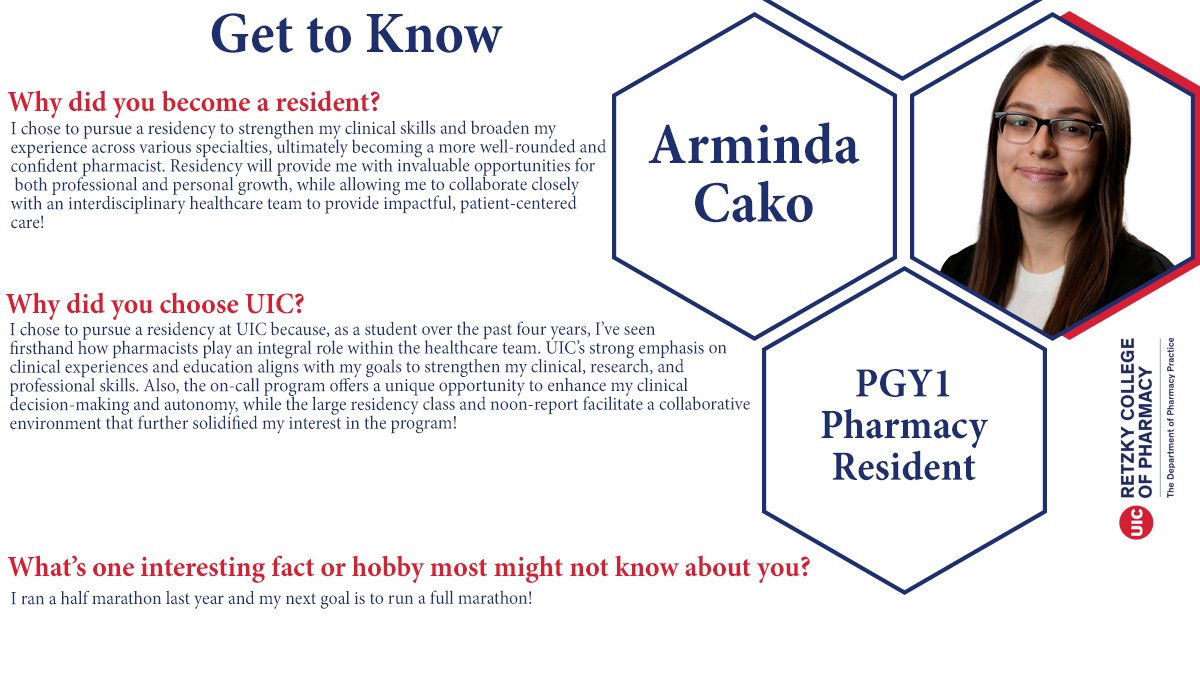 Get to know our resident, Dr. Arminda Cako!
She received her PharmD from the University of Illinois Chicago and has joined our PGY1 Pharmacy Residency Program.

#MeetOurResident #PharmacyResidency #ResidentSpotlight