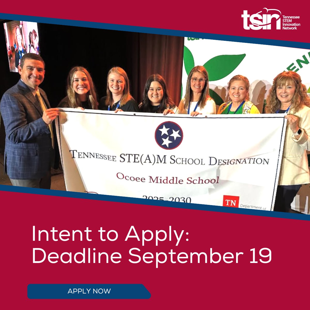 theTSIN's tweet photo. Deadline for Intent to Apply is almost here! Complete your Intent to Apply &amp; Self-Assessment by Sept 19 for STEM School Designation. 1:1 coaching included.

Get started: https://t.co/9DJhCNgGvk 

#STEM #STEMSchools #TNEd https://t.co/VtBk38LONf