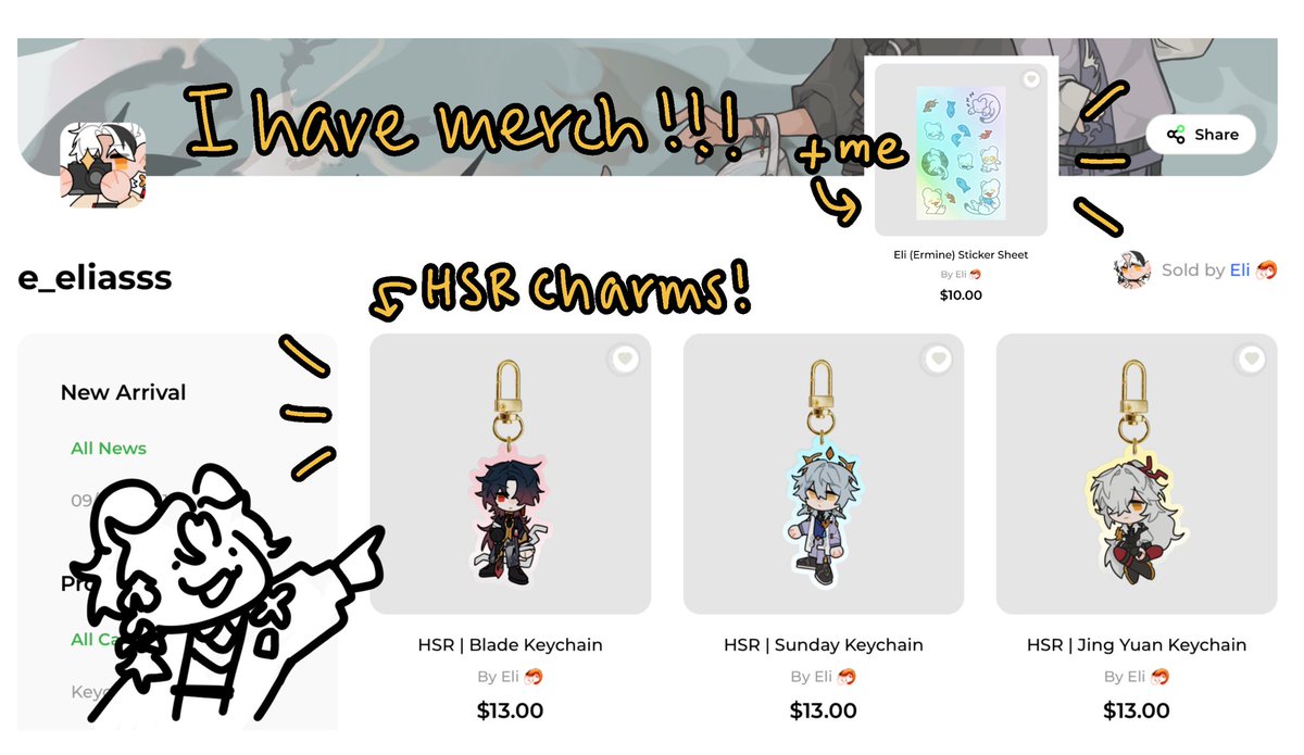 I just opened up an online merch store through <a href="/ACGGoods/">ACGGoods</a> !!! I hope to add more items soon! with characters from all sorts of media

whether you just retweet or buy something, thank you for the support 🦐

acggoods.com/store/eeliasss