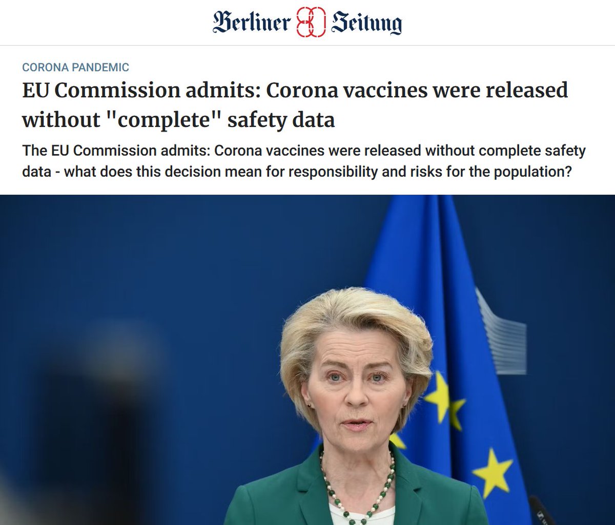 🚨💥ÚLTIMAS NOTICIAS💥
 URSULA VON DER LEYEN EN GRAVES PROBLEMAS 🔥

La UE ahora ADMITE que las inyecciones de ARNm - C0VID fueron liberadas para su uso en humanos sin datos de seguridad "completos".

"confiar en la ciencia" resultó ser una mentira. Se priorizó el lucro sobre la