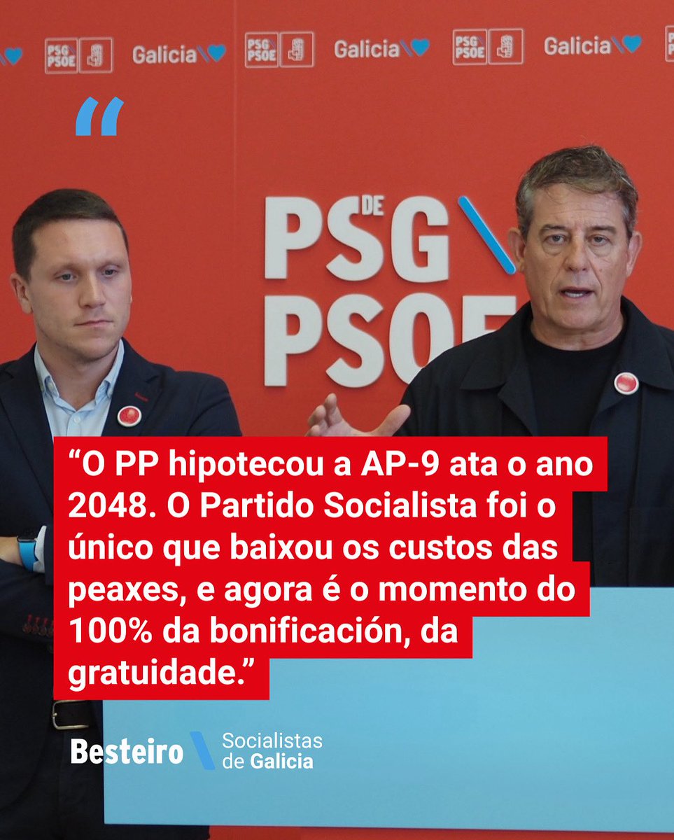 Agora é o momento do 100%: a gratuidade total que reclaman galegos e galegas.

Só os socialistas baixamos os peaxes da AP-9, primeiro ao 50% e logo ao 75%.

O PP hipotecou a autoestrada ata 2048, e seguimos pagando esa herdanza envelenada.

🗣️ <a href="/jrgomezbesteiro/">Gómez Besteiro</a> 

#AP9