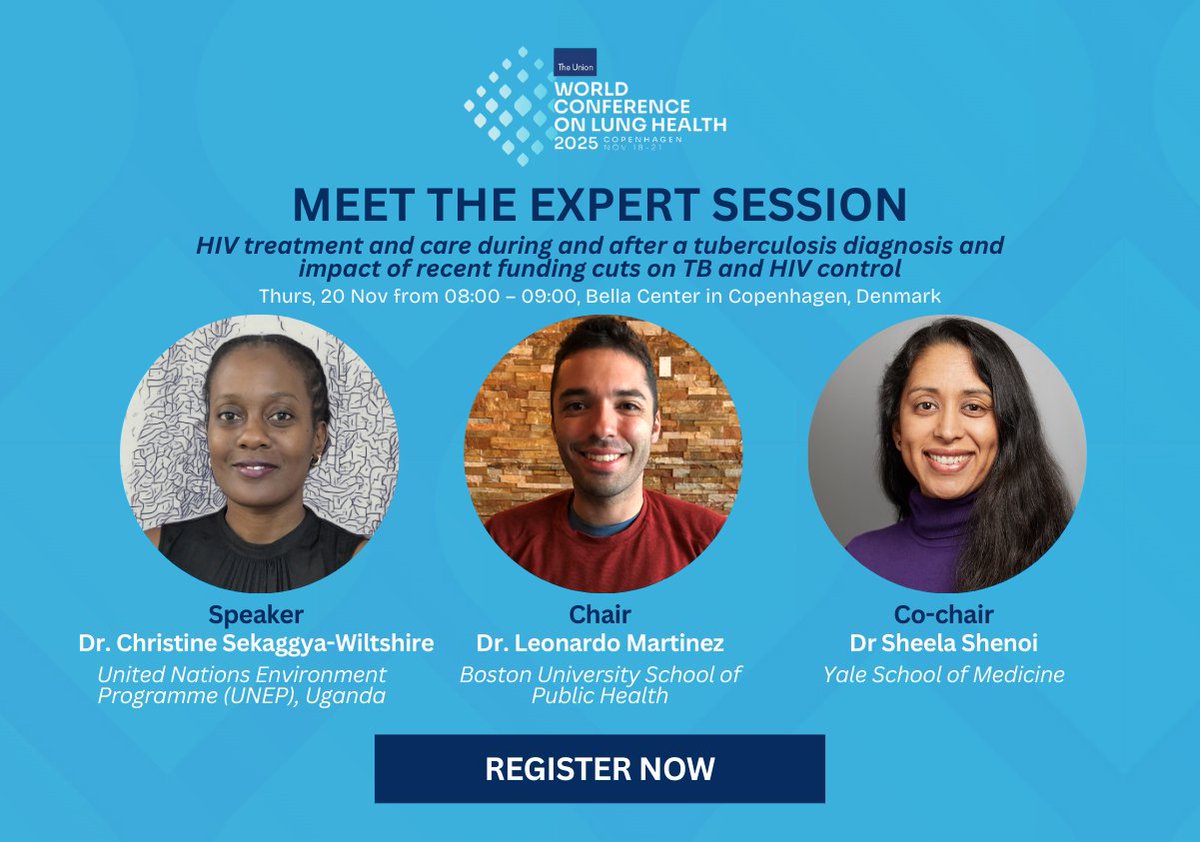 UnionConference's tweet image. 🔎TB remains the leading cause of death among people living with HIV
📌HIV treatment and care during and after a TB diagnosis and impact of recent funding cuts on TB and HIV  prevention and care
📅20 Nov, 08:00 – 09:00
🖱️Register: tinyurl.com/5f9n39cr
#WCLH2025 #HIV #UnionConf