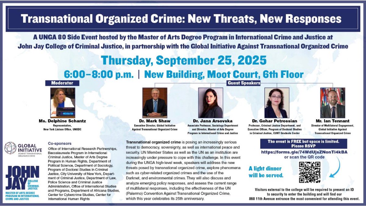 The Center is proud to co-sponsor an event hosted by the <a href="/ICJMAProgram/">IC&J Masters Program</a> UNGA 80 Side Event: Transnational Organized Crime: New Threats, New Responses on Sept. 25, 6:00-8:00 PM. RSVP here: jjay.cuny.edu/news-events/ev…