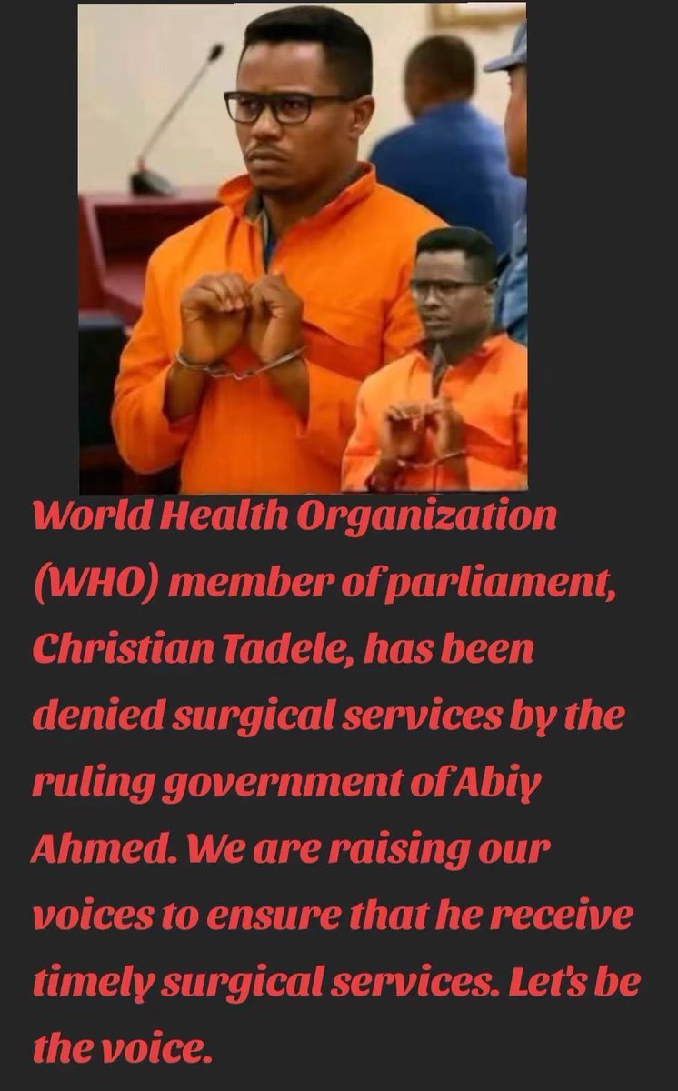 Christian Tadele, detained by <a href="/AbiyAhmedAli/">Abiy Ahmed Ali 🇪🇹</a> in harsh manners for exercising political freedom of speech, is currently in critical health condition. He has been denied of medical care by the dictatorial regime. 
<a href="/amnesty/">Amnesty International</a> <a href="/hrw/">Human Rights Watch</a> <a href="/Reuters/">Reuters</a> <a href="/BBCAfrica/">BBC News Africa</a> <a href="/AlJazeera/">Al Jazeera PR</a> <a href="/cnni/">CNN International</a> <a href="/StateDept/">Department of State</a>