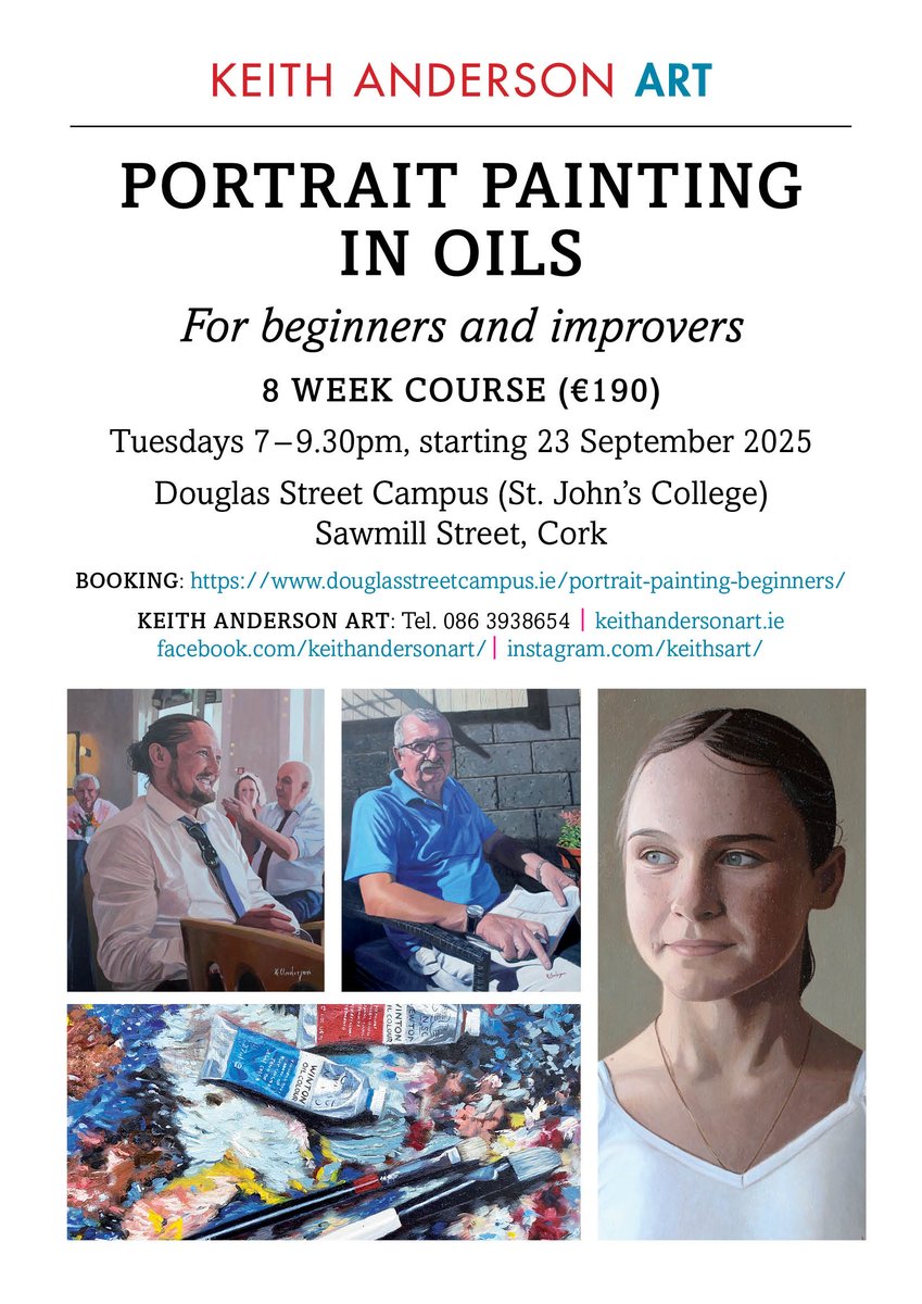 🎨 Course Update
🌲 Landscape Painting – FULL!
🖌️ Portrait Painting – 2 spots left!
8-week evening oil painting course, starts Sept 23 in Cork.
📍 Douglas Street Campus
💶 €190
👉 Book here: tinyurl.com/portraitkeith