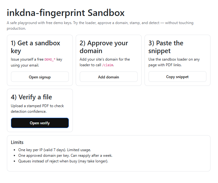 inkdnafp's tweet photo. Sandbox is live — try invisible, privacy-first fingerprints for PDF &amp; image downloads.
Free demo keys, domain approval, drop-in loader, and instant verification.
Try now → https://t.co/5PuElvJEdI 🔗
#privacy #infosec #pdfsecurity #SaaS #devtools https://t.co/XpAJH35rHR